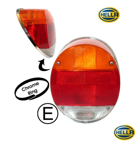 Lampa tylna z czerwono-pomarańczowo-przezroczystym szkłem i chromowaną ramką, Ultima Edition Style, lewa/prawa, ze znakiem E