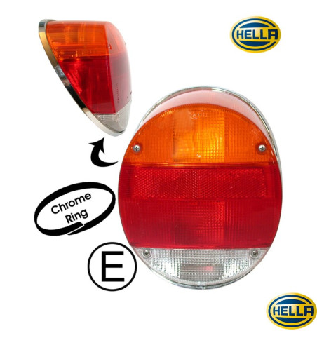Lampa tylna z czerwono-pomarańczowo-przezroczystym szkłem i chromowaną ramką, Ultima Edition Style, lewa/prawa, ze znakiem E