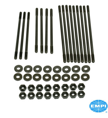 Stud kit for dual port heads, +12.7 mm length, chromoly, 8 mm. Each kit is complete with O.E. style hardened washers
 and hex nu
