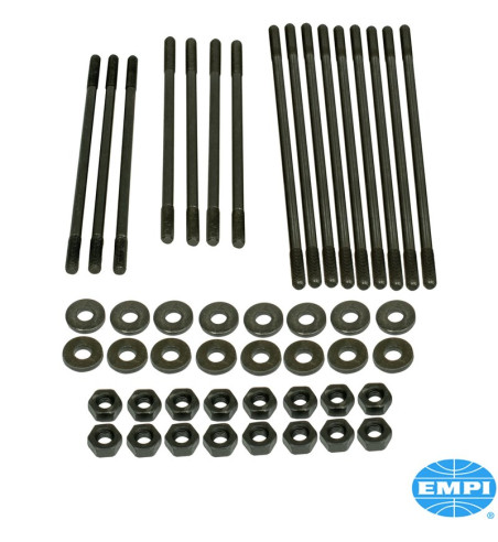 Stud kit for dual port heads, +12.7 mm length, chromoly, 8 mm. Each kit is complete with O.E. style hardened washers
 and hex nu