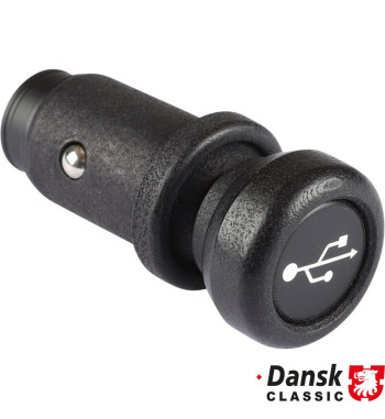 Adapter z gniazda zapalniczki na port USB-A i USB-C z czarnym pokrętłem i czarnym pierścieniem dekoracyjnym