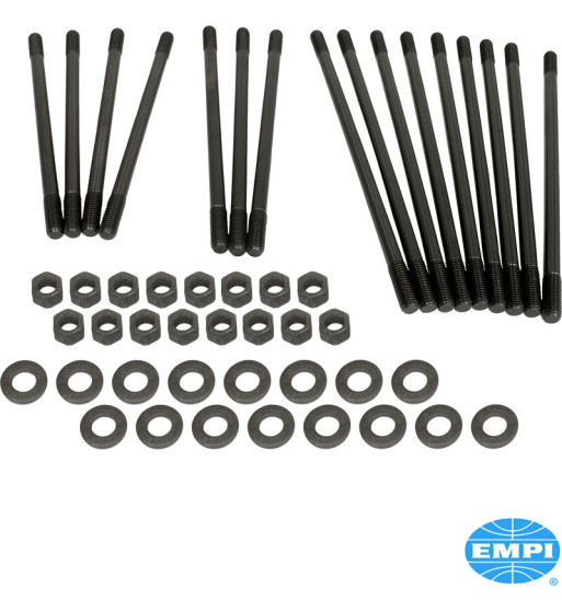 Stud kit for dual port heads, standard length, chromoly, 10 mm. Each kit is complete with O.E. style hardened washers
 and hex n