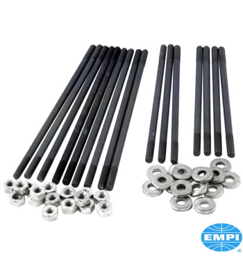 Stud kit for dual port heads, standard length, chromoly, 8 mm. Each kit is complete with O.E. style hardened washers
 and hex nu