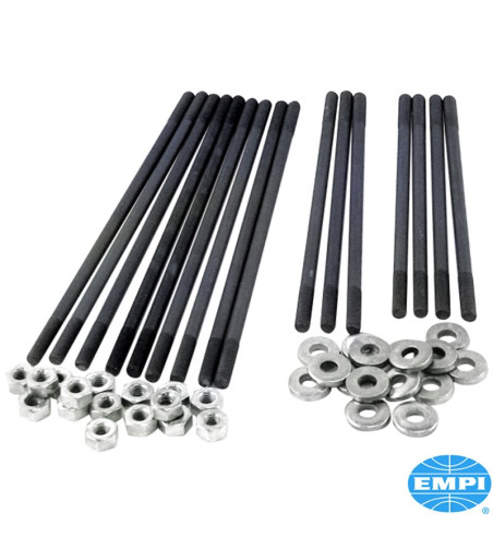 Stud kit for dual port heads, standard length, chromoly, 8 mm. Each kit is complete with O.E. style hardened washers
 and hex nu