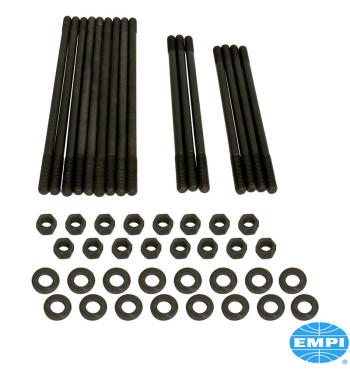 Stud kit for dual port heads, +12.7 mm length, chromoly, 10 mm. Each kit is complete with O.E. style hardened washers
 and hex n