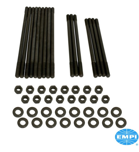 Stud kit for dual port heads, +12.7 mm length, chromoly, 10 mm. Each kit is complete with O.E. style hardened washers
 and hex n