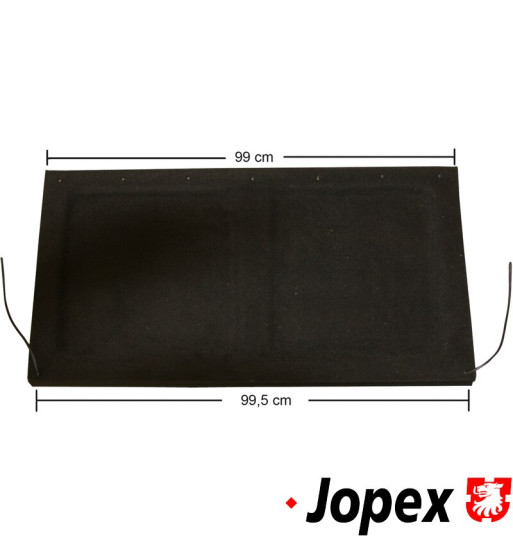 Parcel shelf including retaining straps, black. 99.5 cm wide tapering to 99 cm