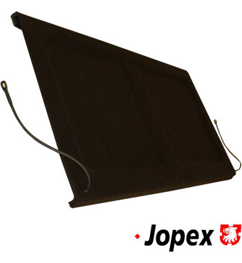 Parcel shelf including retaining straps, black. 99.5 cm wide tapering to 99 cm