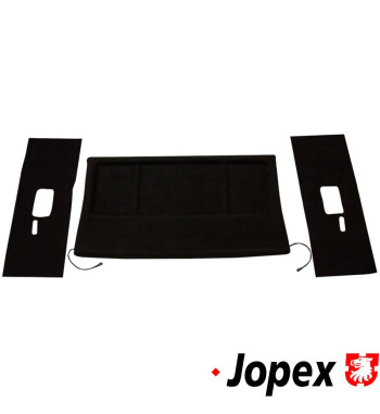 Parcel shelf set with side covers and retaining straps, black