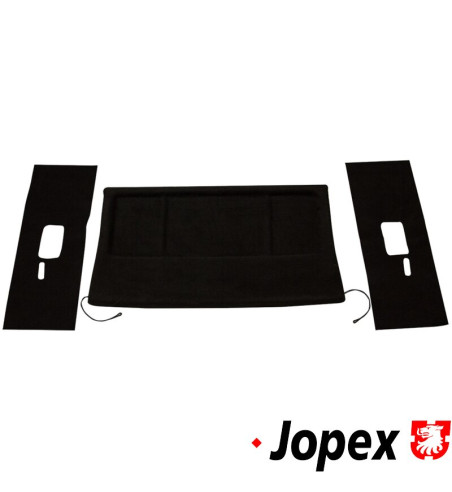 Parcel shelf set with side covers and retaining straps, black