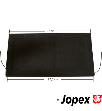 Parcel shelf including retaining straps, black. 97.5 cm wide tapering to 97 cm