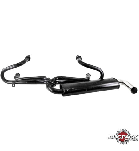 Exhaust system, Single Quiet, 1 3/8 tubing, small 3-bolt flange, with one tail pipe. Made of steel with black paint, tail pipe c