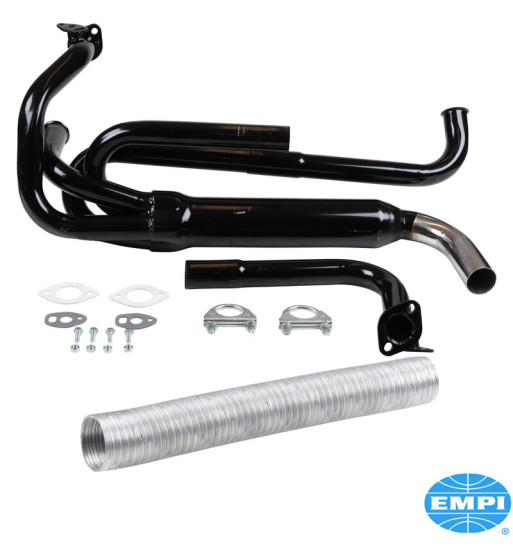 Exhaust system, Econo, 1 3/8 tubing, with one tail pipe. Including flex hose, gaskets and hardware. Made of steel with black pai