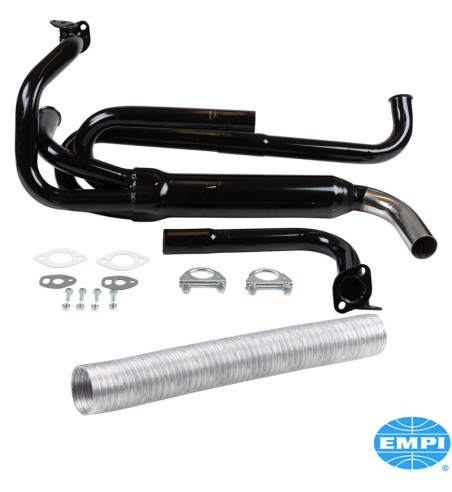 Exhaust system, Econo, 1 3/8 tubing, with one tail pipe. Including flex hose, gaskets and hardware. Made of steel with black pai