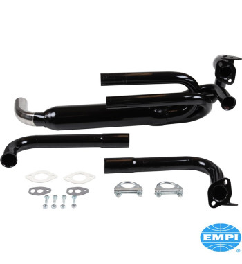 Exhaust system, Econo, 1 3/8 tubing, with one tail pipe. Including flex hose, gaskets and hardware. Made of steel with black pai