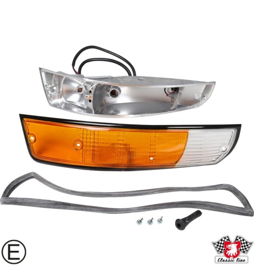 Indicator with black rim, front, complete with metal housing, with E-mark, left Indicator with black rim, front, complete with metal housing, with E-mark, left