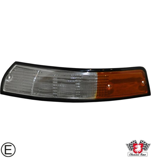 Lens for indicator with black rim, front, US version, clear/orange, left, with E-mark Lens for indicator with black rim, front, US version, clear/orange, left, with E-mark