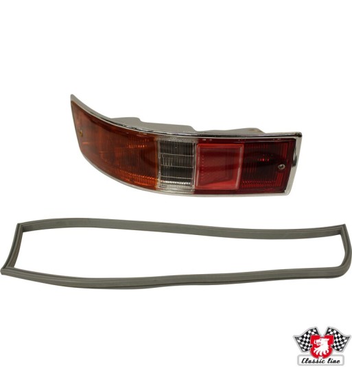 Tail light with red/orange/clear glass and rubber seal, EU version, left, with E-mark Tail light with red/orange/clear glass and rubber seal, EU version, left, with E-mark