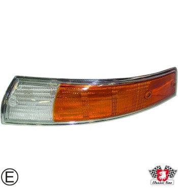 Lens for indicator with chrome rim, front, EU version, orange/clear, left, with E-mark