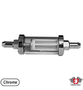 Filtr paliwa, obudowa szklana/chromowana, wlot Ø9,4 mm, wylot Ø9,4 mm
